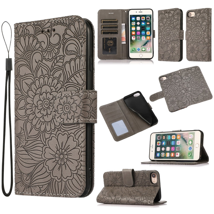 Estuche de cuero con tapa horizontal de girasol en relieve Skin Feel con soporte y ranuras para tarjetas y billetera y cordón