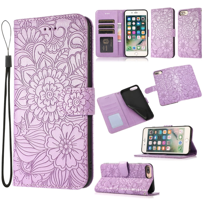 Estuche de cuero con tapa horizontal de girasol en relieve Skin Feel con soporte y ranuras para tarjetas y billetera y cordón