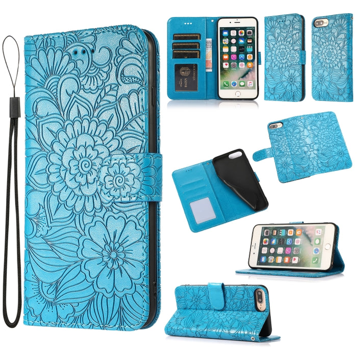Estuche de cuero con tapa horizontal de girasol en relieve Skin Feel con soporte y ranuras para tarjetas y billetera y cordón