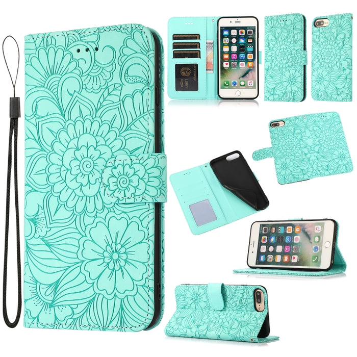 Estuche de cuero con tapa horizontal de girasol en relieve Skin Feel con soporte y ranuras para tarjetas y billetera y cordón