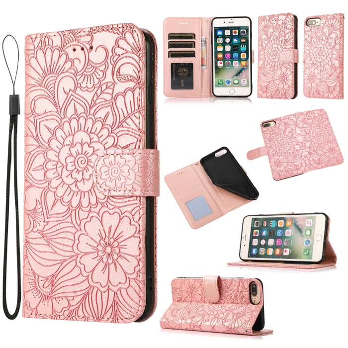 Estuche de cuero con tapa horizontal de girasol en relieve Skin Feel con soporte y ranuras para tarjetas y billetera y cordón