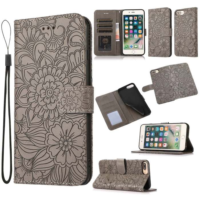Estuche de cuero con tapa horizontal de girasol en relieve Skin Feel con soporte y ranuras para tarjetas y billetera y cordón