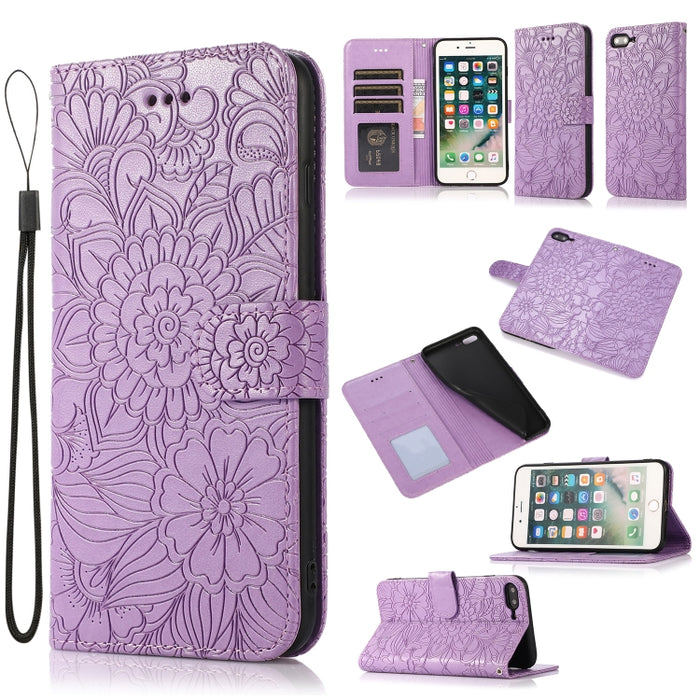 Estuche de cuero con tapa horizontal de girasol en relieve Skin Feel con soporte y ranuras para tarjetas y billetera y cordón