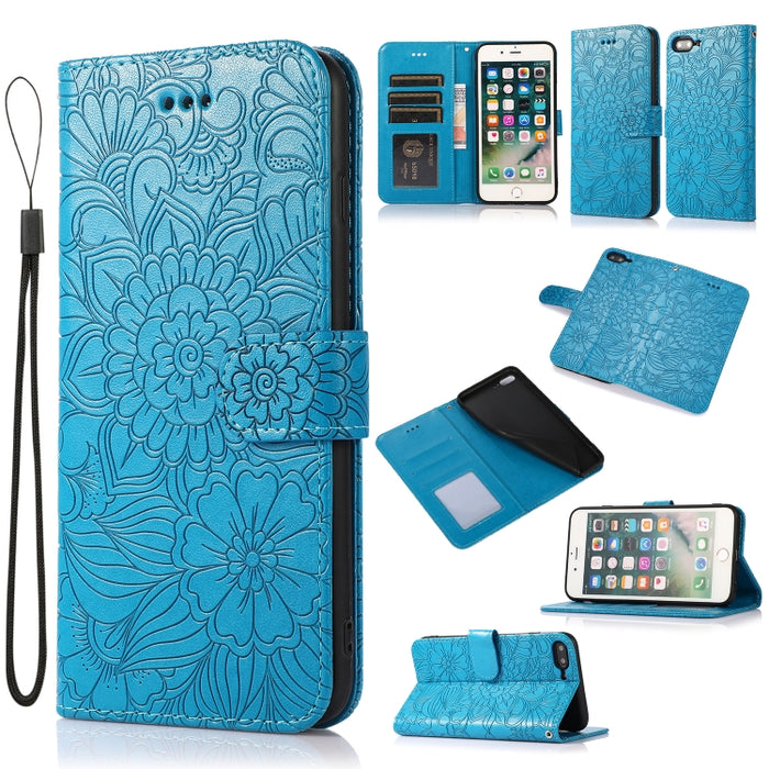 Estuche de cuero con tapa horizontal de girasol en relieve Skin Feel con soporte y ranuras para tarjetas y billetera y cordón