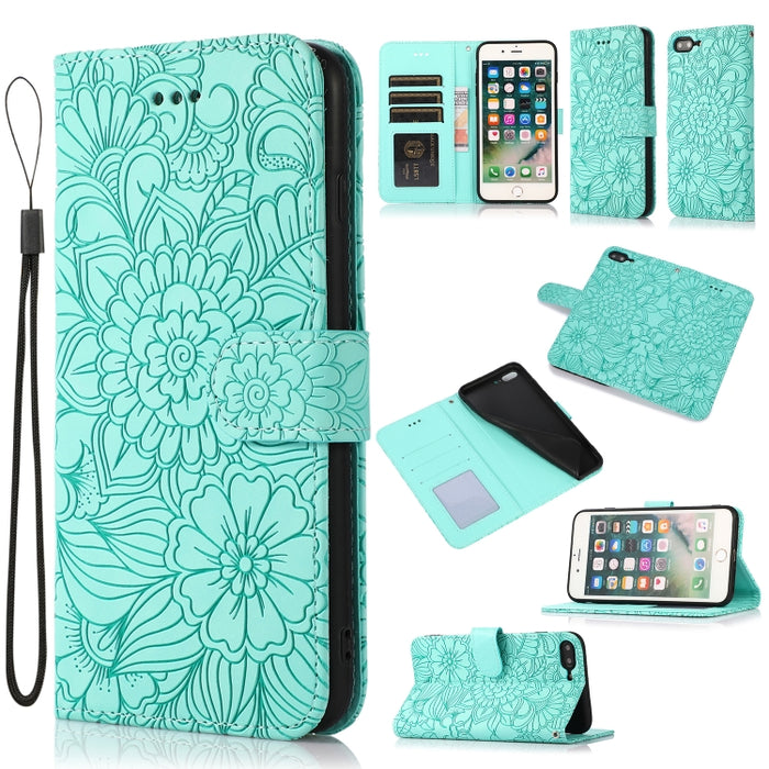 Estuche de cuero con tapa horizontal de girasol en relieve Skin Feel con soporte y ranuras para tarjetas y billetera y cordón