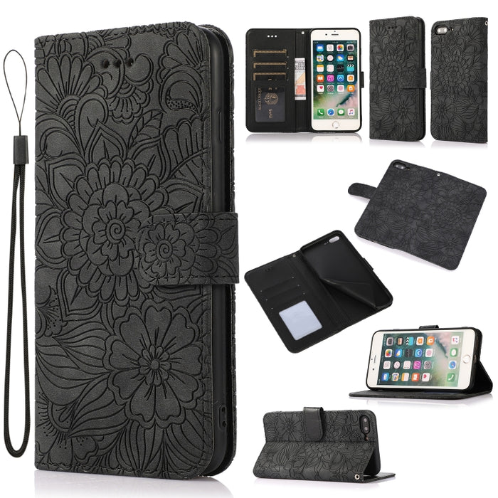 Estuche de cuero con tapa horizontal de girasol en relieve Skin Feel con soporte y ranuras para tarjetas y billetera y cordón