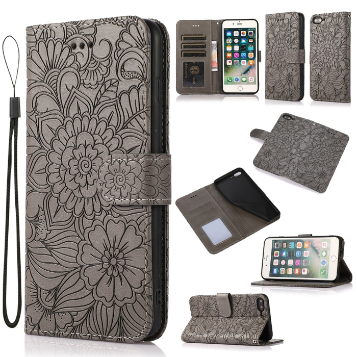 Estuche de cuero con tapa horizontal de girasol en relieve Skin Feel con soporte y ranuras para tarjetas y billetera y cordón