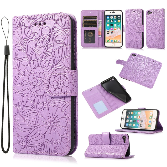 Estuche de cuero con tapa horizontal de girasol en relieve Skin Feel con soporte y ranuras para tarjetas y billetera y cordón
