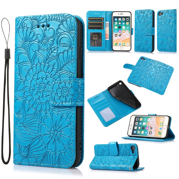 Estuche de cuero con tapa horizontal de girasol en relieve Skin Feel con soporte y ranuras para tarjetas y billetera y cordón