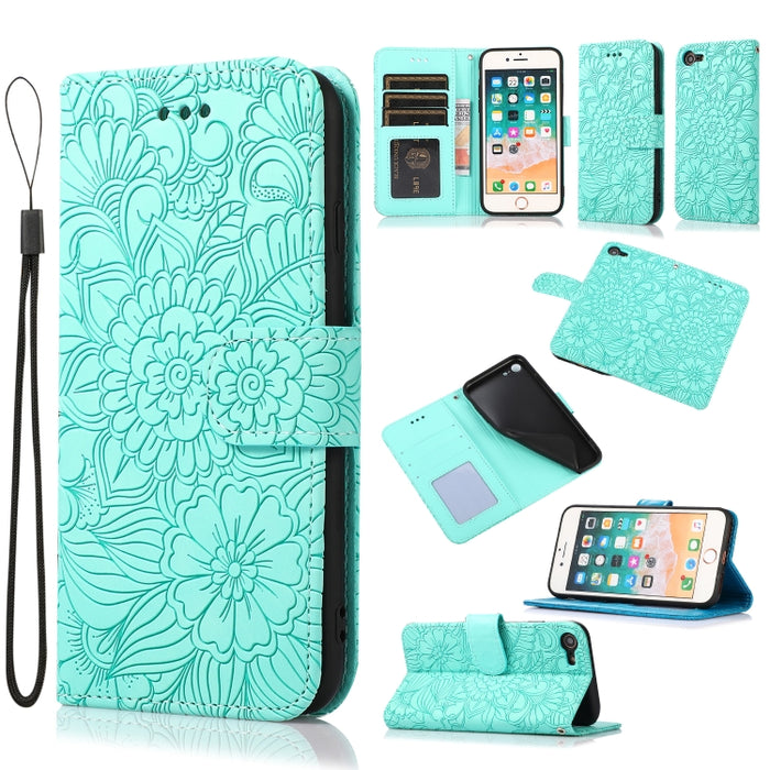 Estuche de cuero con tapa horizontal de girasol en relieve Skin Feel con soporte y ranuras para tarjetas y billetera y cordón