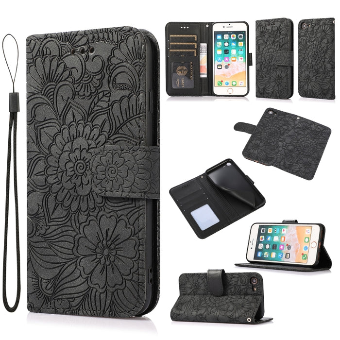 Estuche de cuero con tapa horizontal de girasol en relieve Skin Feel con soporte y ranuras para tarjetas y billetera y cordón