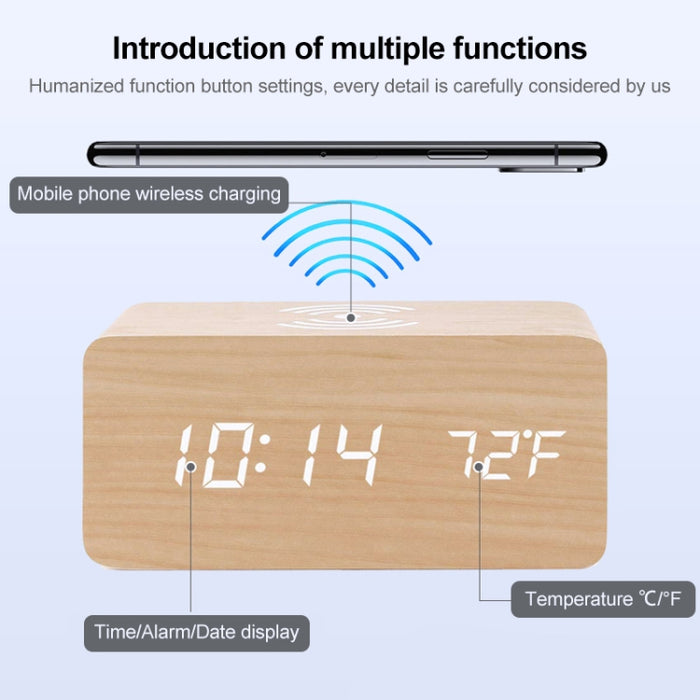 KD8801 5W Cargador inalámbrico creativo de madera Espejo LED Pantalla digital Sub-despertador Reloj, estilo regular