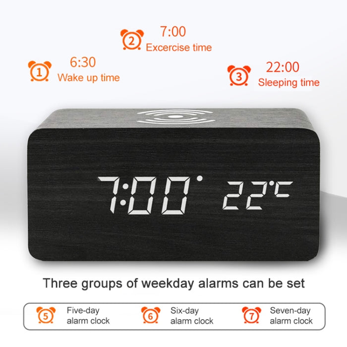 KD8801 5W Cargador inalámbrico creativo de madera Espejo LED Pantalla digital Sub-despertador Reloj, estilo regular