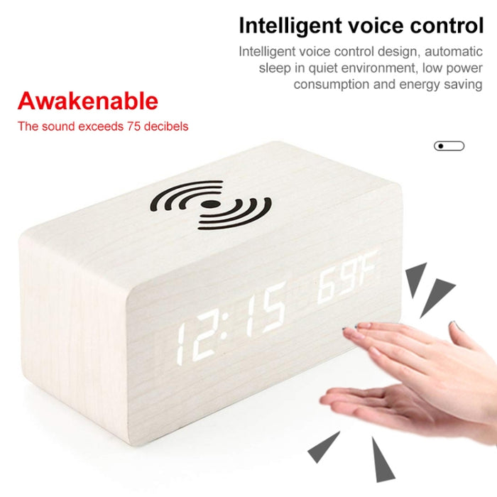 KD8801 5W Cargador inalámbrico creativo de madera Espejo LED Pantalla digital Sub-despertador Reloj, estilo regular