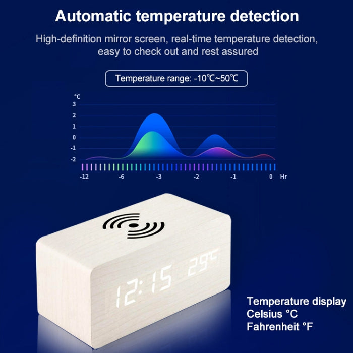 KD8801 5W Cargador inalámbrico creativo de madera Espejo LED Pantalla digital Sub-despertador Reloj, estilo regular