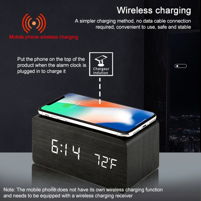 KD8801 5W Cargador inalámbrico creativo de madera Espejo LED Pantalla digital Sub-despertador Reloj, estilo regular