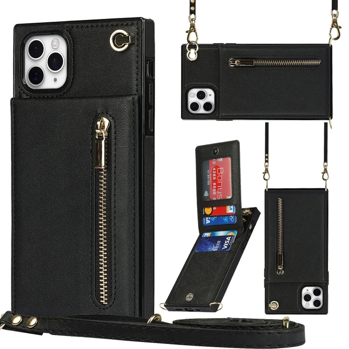 Caja de la contraportada del cuadrado TPU+PU de la cremallera del cuerpo cruzado con el soporte y las ranuras para tarjetas y la cartera y la correa