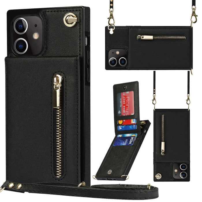 Caja de la contraportada del cuadrado TPU+PU de la cremallera del cuerpo cruzado con el soporte y las ranuras para tarjetas y la cartera y la correa