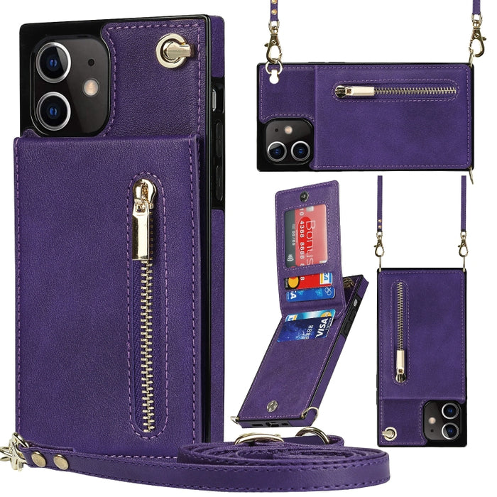 Caja de la contraportada del cuadrado TPU+PU de la cremallera del cuerpo cruzado con el soporte y las ranuras para tarjetas y la cartera y la correa