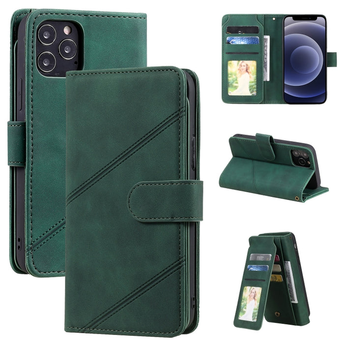 Skin Feel Business Estuche de cuero de PU con tapa horizontal con soporte y ranuras para múltiples tarjetas y billetera y cordón y marco de fotos