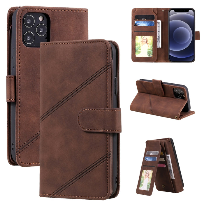 Skin Feel Business Estuche de cuero de PU con tapa horizontal con soporte y ranuras para múltiples tarjetas y billetera y cordón y marco de fotos