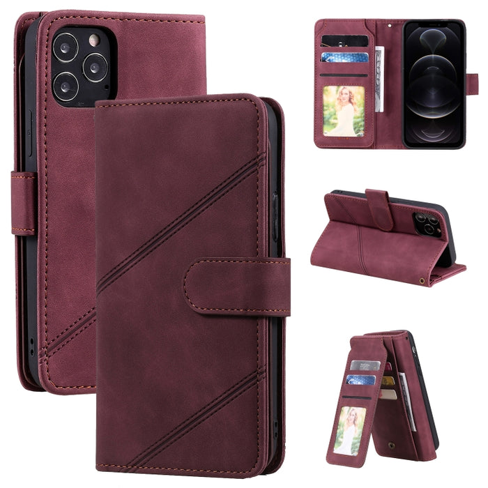 Skin Feel Business Estuche de cuero de PU con tapa horizontal con soporte y ranuras para múltiples tarjetas y billetera y cordón y marco de fotos