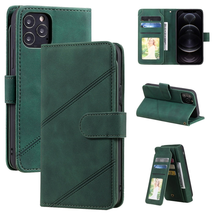 Skin Feel Business Estuche de cuero de PU con tapa horizontal con soporte y ranuras para múltiples tarjetas y billetera y cordón y marco de fotos