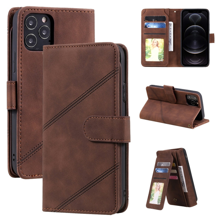 Skin Feel Business Estuche de cuero de PU con tapa horizontal con soporte y ranuras para múltiples tarjetas y billetera y cordón y marco de fotos