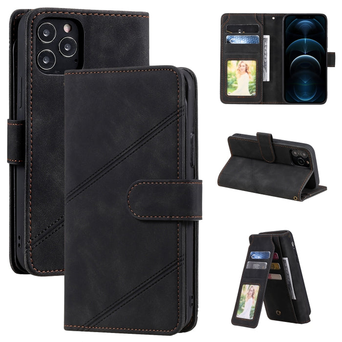 Skin Feel Business Estuche de cuero de PU con tapa horizontal con soporte y ranuras para múltiples tarjetas y billetera y cordón y marco de fotos