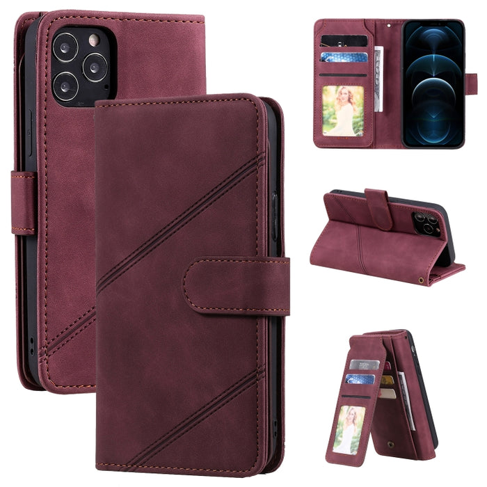 Skin Feel Business Estuche de cuero de PU con tapa horizontal con soporte y ranuras para múltiples tarjetas y billetera y cordón y marco de fotos