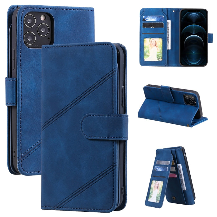 Skin Feel Business Estuche de cuero de PU con tapa horizontal con soporte y ranuras para múltiples tarjetas y billetera y cordón y marco de fotos