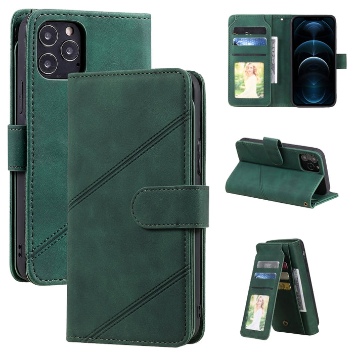 Skin Feel Business Estuche de cuero de PU con tapa horizontal con soporte y ranuras para múltiples tarjetas y billetera y cordón y marco de fotos