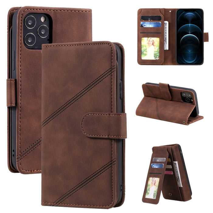 Skin Feel Business Estuche de cuero de PU con tapa horizontal con soporte y ranuras para múltiples tarjetas y billetera y cordón y marco de fotos