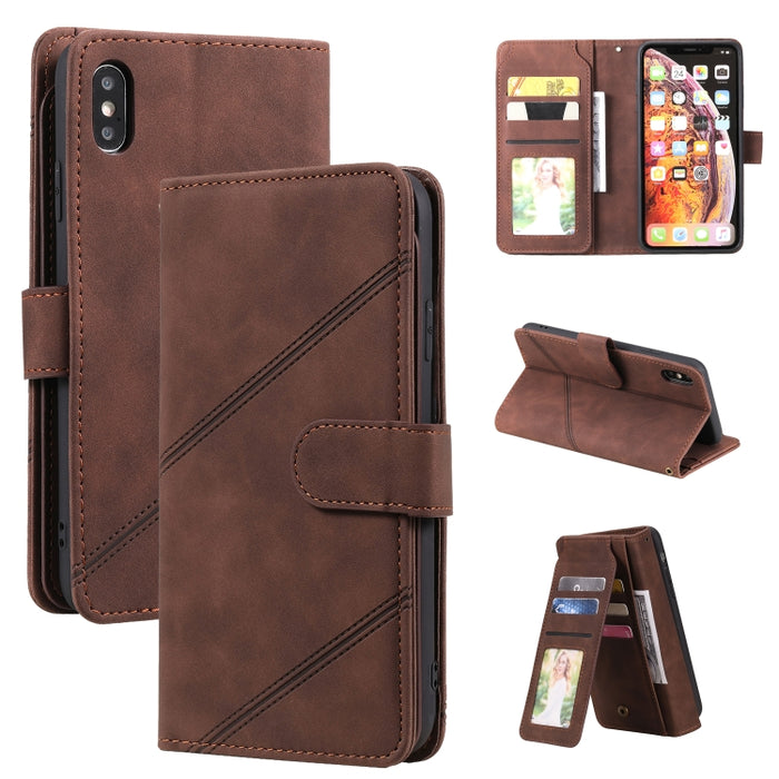 Skin Feel Business Estuche de cuero de PU con tapa horizontal con soporte y ranuras para múltiples tarjetas y billetera y cordón y marco de fotos