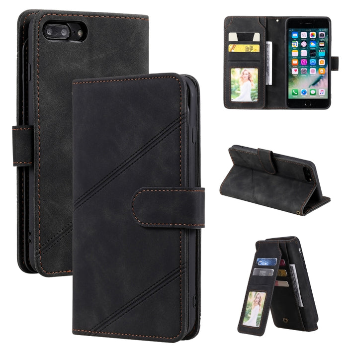 Skin Feel Business Estuche de cuero de PU con tapa horizontal con soporte y ranuras para múltiples tarjetas y billetera y cordón y marco de fotos