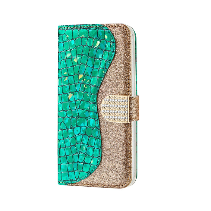 Estuche de cuero con tapa horizontal con textura de cocodrilo a juego con polvo de brillo láser con ranuras para tarjetas y soporte y billetera