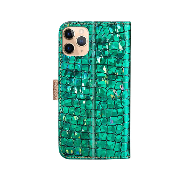 Estuche de cuero con tapa horizontal con textura de cocodrilo a juego con polvo de brillo láser con ranuras para tarjetas y soporte y billetera
