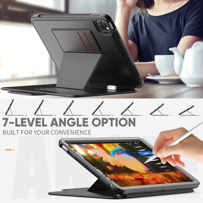 Estuche de cuero con tapa horizontal magnética Smart B con soporte de 7 velocidades y ranuras para tarjetas y ranura para bolígrafo y función de suspensión / activación