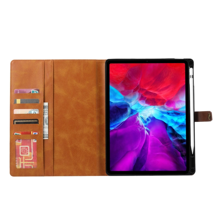 Estuche de cuero con tapa horizontal y cierre doble con textura de becerro con marco de fotos y soporte y ranuras para tarjetas y billetera