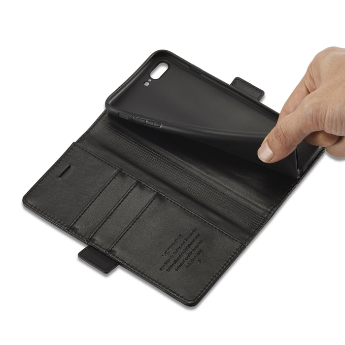 LC.IMEEKE Hebilla magnética PU + TPU Estuche de cuero con tapa horizontal con soporte y ranuras para tarjetas y billetera