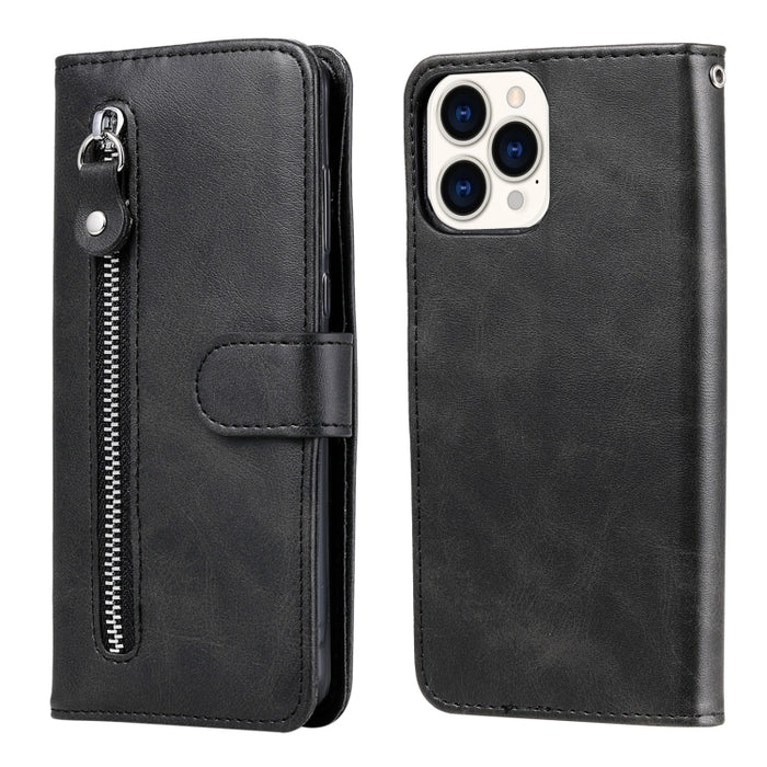 Funda de cuero con tapa horizontal y cremallera con textura de becerro a la moda con soporte y ranuras para tarjetas y función de billetera