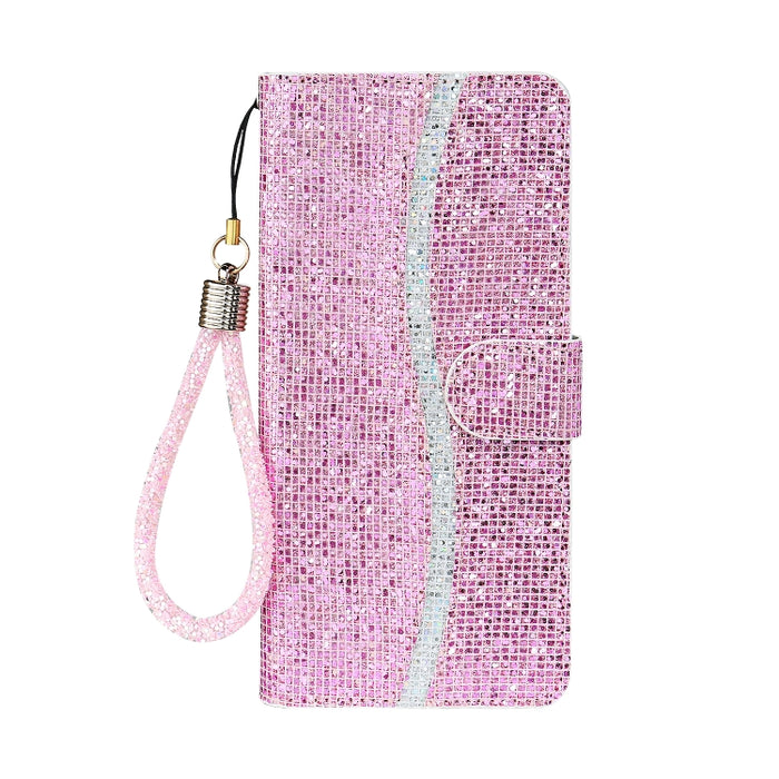 Estuche de cuero con tapa horizontal en polvo brillante con ranuras para tarjetas y soporte y cordón