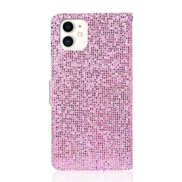Estuche de cuero con tapa horizontal en polvo brillante con ranuras para tarjetas y soporte y cordón