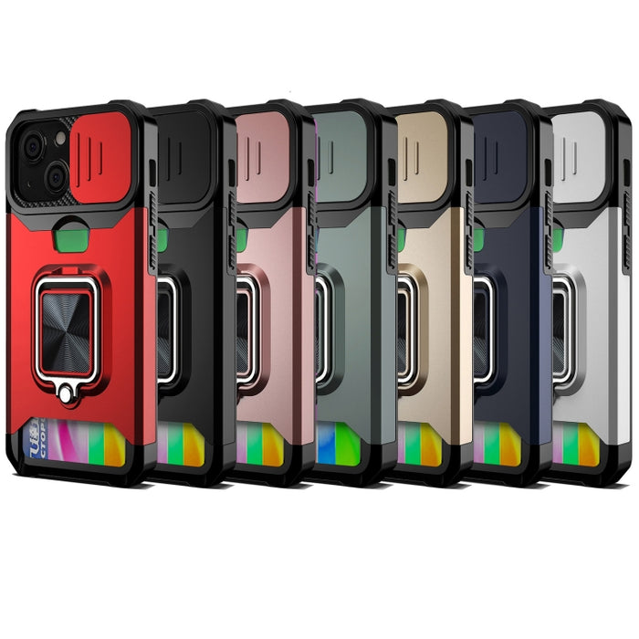 Diseño de cubierta de cámara deslizante PC + TPU Estuche a prueba de golpes con soporte para anillo y ranura para tarjeta, For iPhone 13 mini, For iPhone 13, For iPhone 13 Pro, For iPhone XS / X, For iPhone XR, For iPhone 11 Pro, For iPhone 11 Pro Max ...