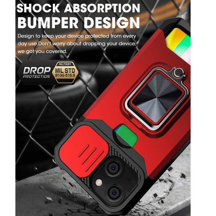 Diseño de cubierta de cámara deslizante PC + TPU Estuche a prueba de golpes con soporte para anillo y ranura para tarjeta, For iPhone 13 mini, For iPhone 13, For iPhone 13 Pro, For iPhone XS / X, For iPhone XR, For iPhone 11 Pro, For iPhone 11 Pro Max ...