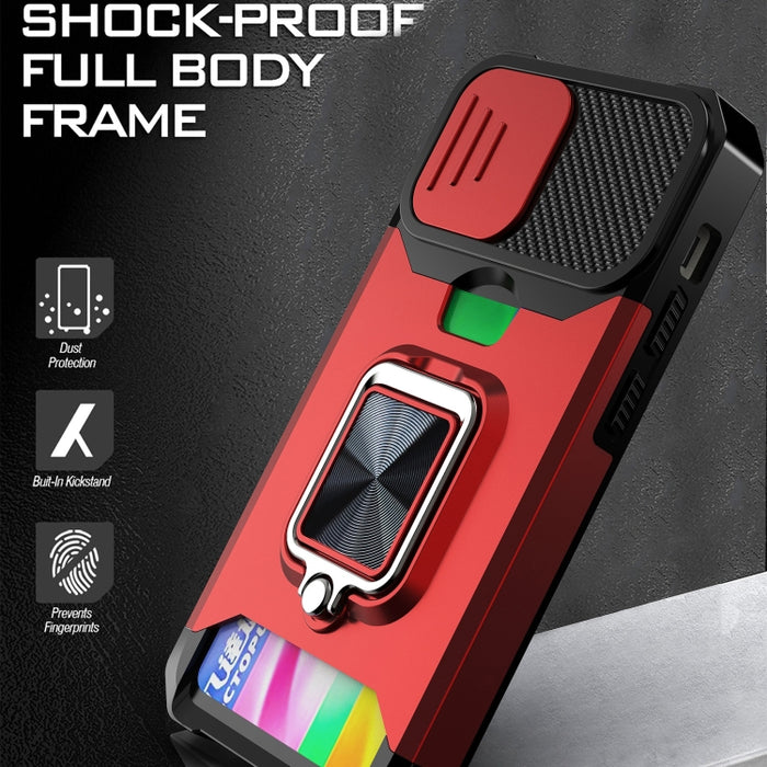 Diseño de cubierta de cámara deslizante PC + TPU Estuche a prueba de golpes con soporte para anillo y ranura para tarjeta, For iPhone 13 mini, For iPhone 13, For iPhone 13 Pro, For iPhone XS / X, For iPhone XR, For iPhone 11 Pro, For iPhone 11 Pro Max ...