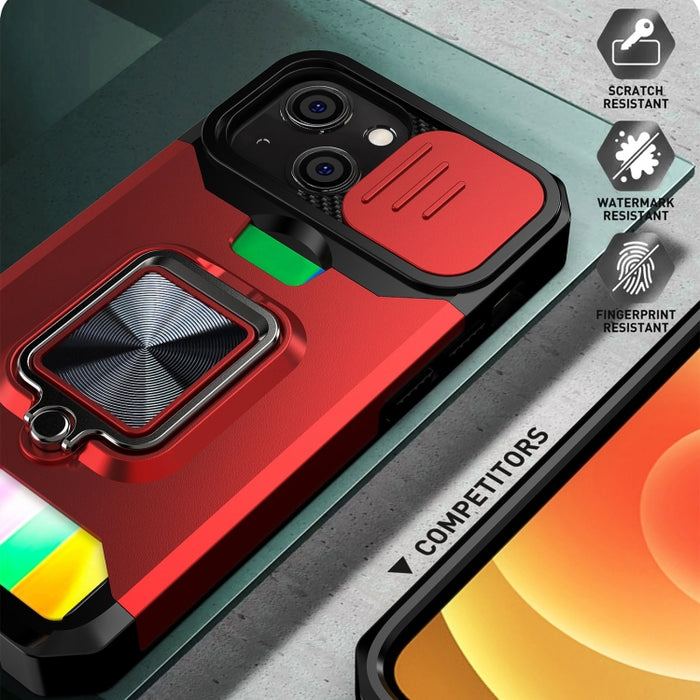 Diseño de cubierta de cámara deslizante PC + TPU Estuche a prueba de golpes con soporte para anillo y ranura para tarjeta, For iPhone 13 mini, For iPhone 13, For iPhone 13 Pro, For iPhone XS / X, For iPhone XR, For iPhone 11 Pro, For iPhone 11 Pro Max ...