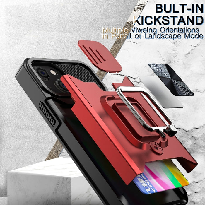 Diseño de cubierta de cámara deslizante PC + TPU Estuche a prueba de golpes con soporte para anillo y ranura para tarjeta, For iPhone 13 mini, For iPhone 13, For iPhone 13 Pro, For iPhone XS / X, For iPhone XR, For iPhone 11 Pro, For iPhone 11 Pro Max ...