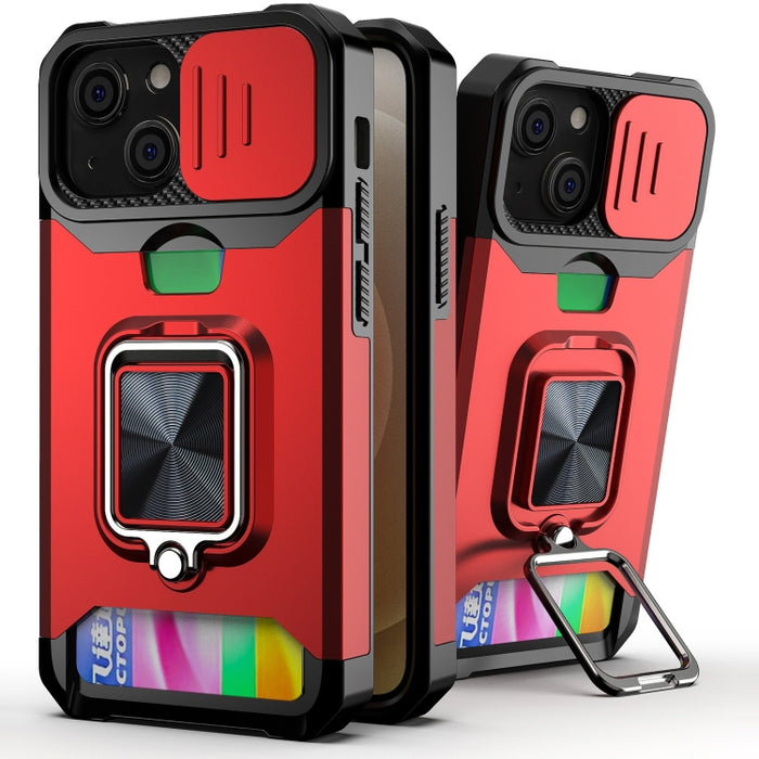 Diseño de cubierta de cámara deslizante PC + TPU Estuche a prueba de golpes con soporte para anillo y ranura para tarjeta, For iPhone 13 mini, For iPhone 13, For iPhone 13 Pro, For iPhone XS / X, For iPhone XR, For iPhone 11 Pro, For iPhone 11 Pro Max ...
