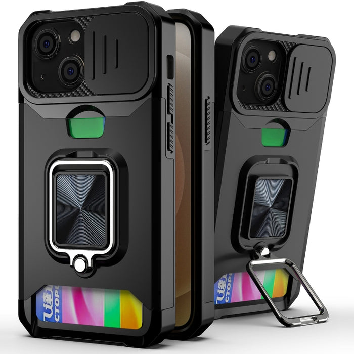 Diseño de cubierta de cámara deslizante PC + TPU Estuche a prueba de golpes con soporte para anillo y ranura para tarjeta, For iPhone 13 mini, For iPhone 13, For iPhone 13 Pro, For iPhone XS / X, For iPhone XR, For iPhone 11 Pro, For iPhone 11 Pro Max ...